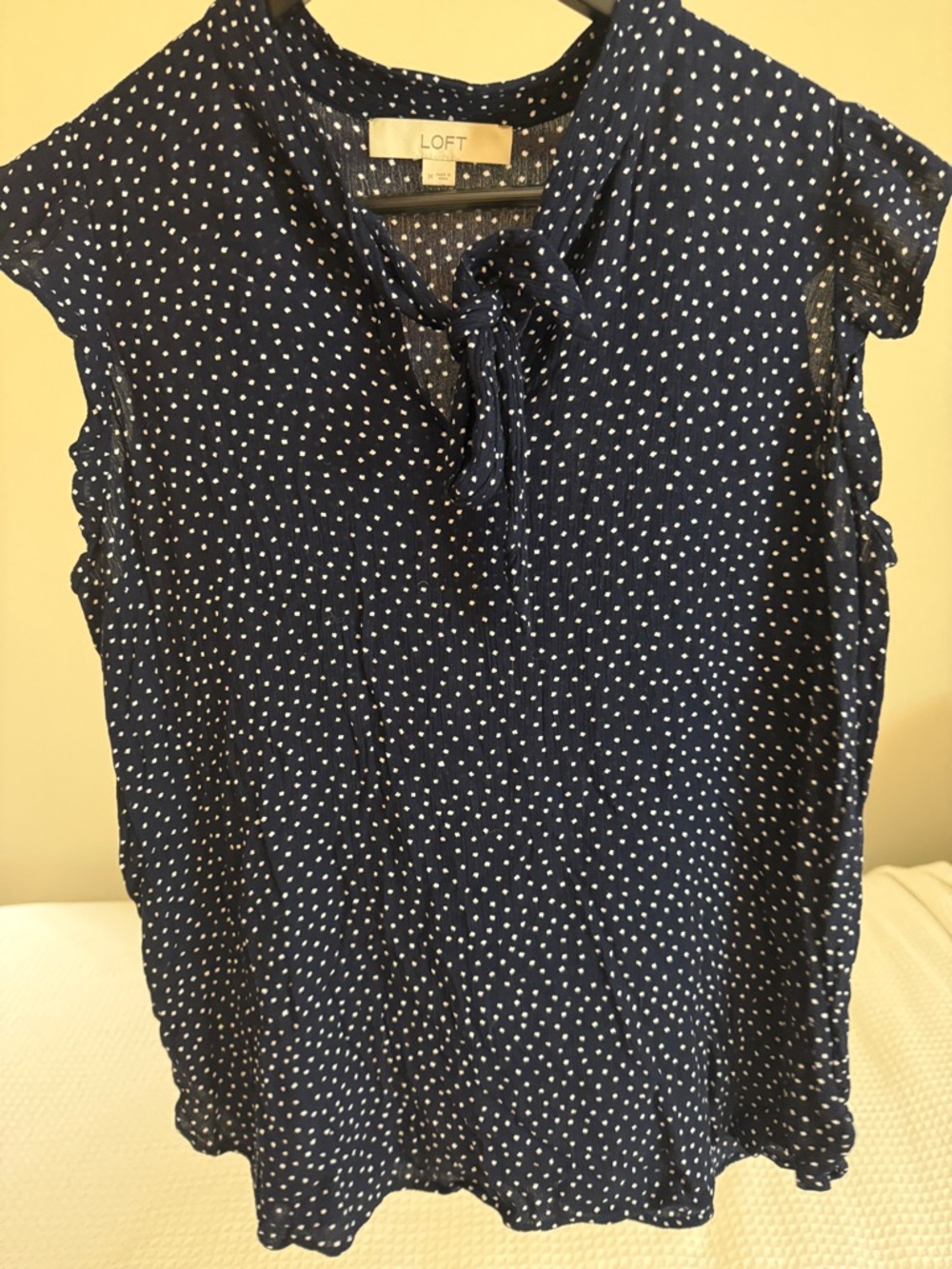 LOFT Navy Dot Tie-Neck Cap Sleeve Ruffle Blouse Medium